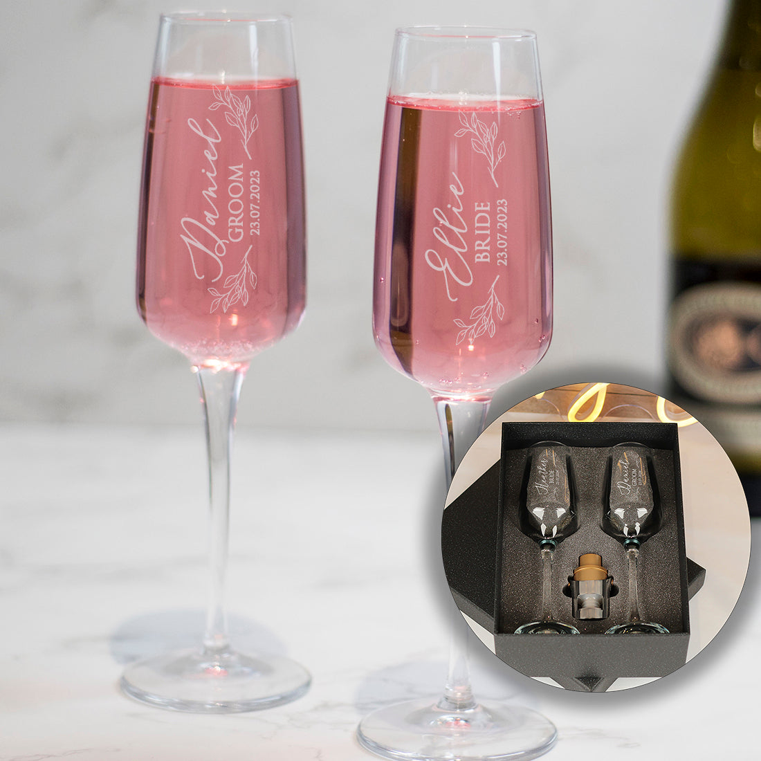 Botanical Bride and Groom Wedding Champagne Flutes-Love Lumi Ltd