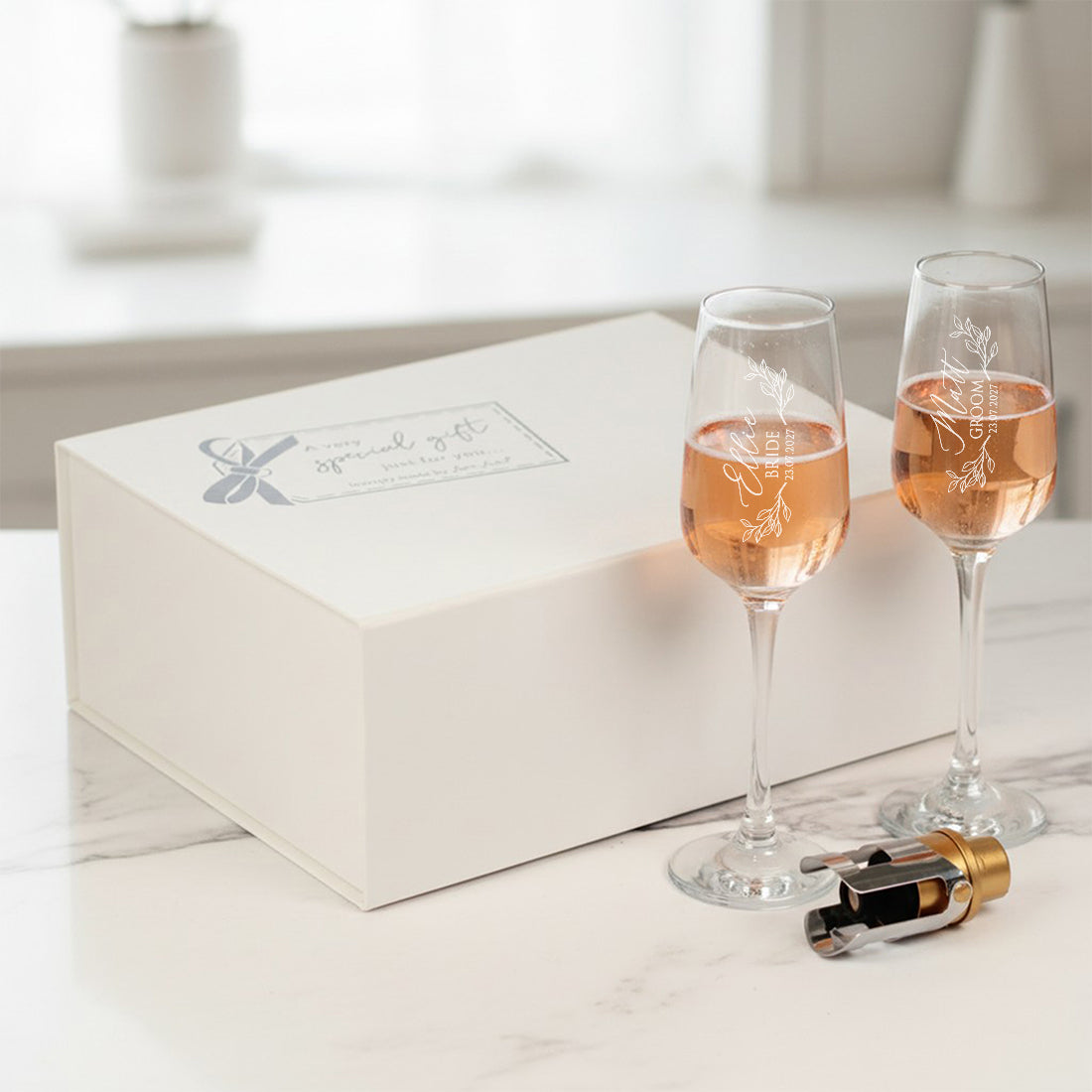 Pair of Botanical Bride and Groom Wedding Champagne Flutes