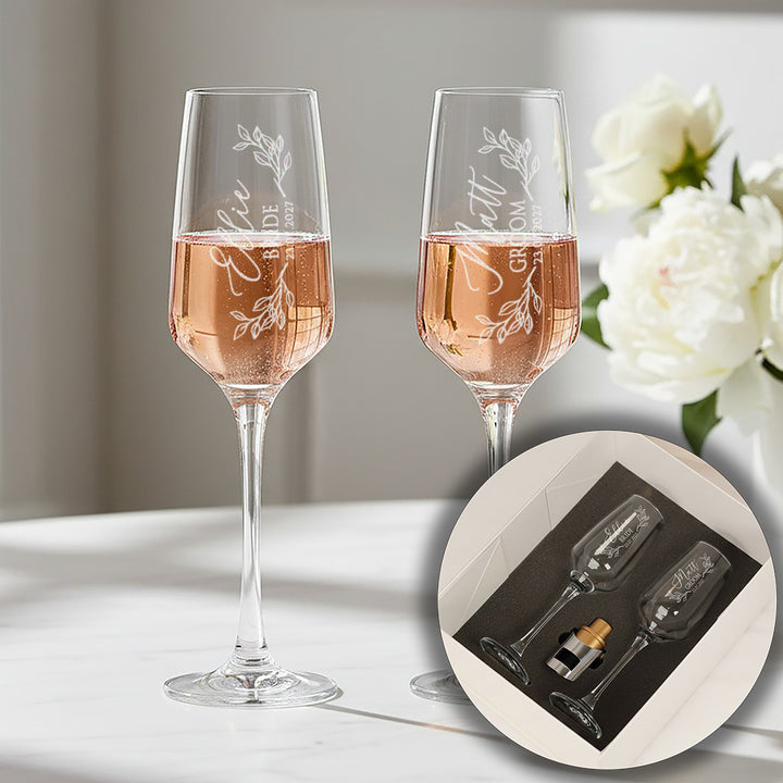 Pair of Botanical Bride and Groom Wedding Champagne Flutes