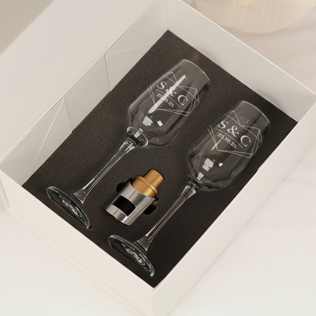 Pair of Geometric Heart Wedding Date Champagne Flutes