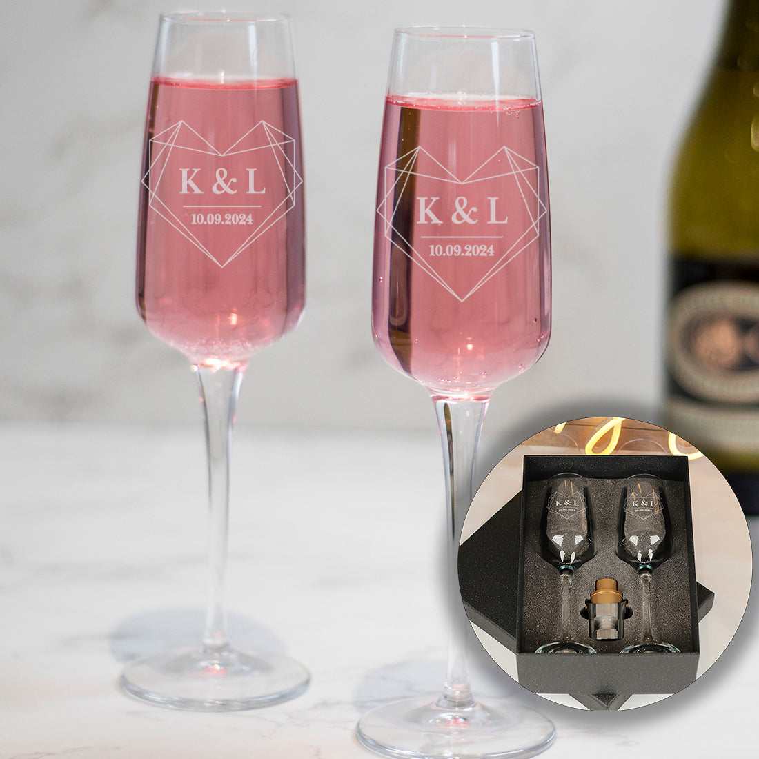 Geometric Heart Wedding Date Champagne Flute Gift Set-Love Lumi Ltd