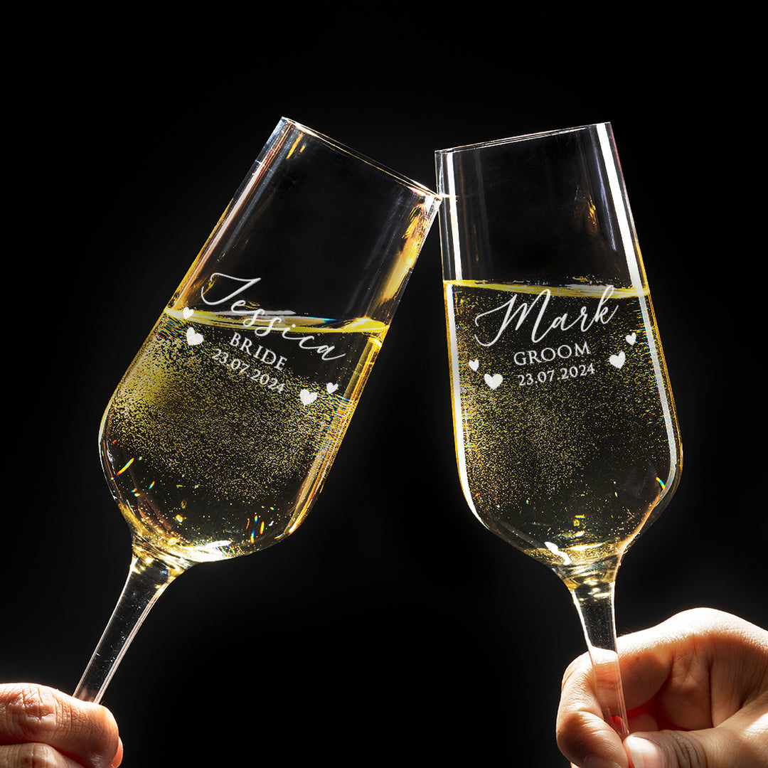 Love Heart Bride &amp; Groom Champagne Flutes Wedding Gift Set-Love Lumi Ltd