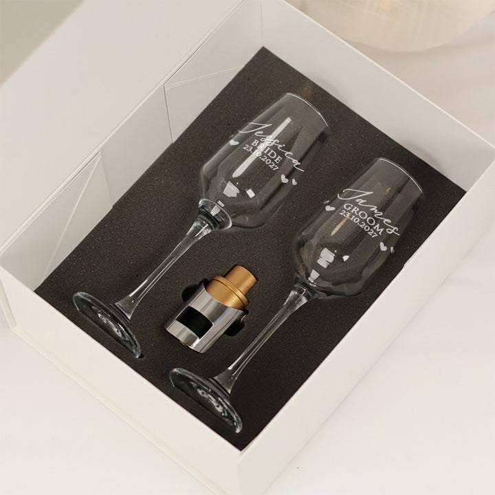 Pair of Love Heart Bride &amp; Groom Champagne Flutes