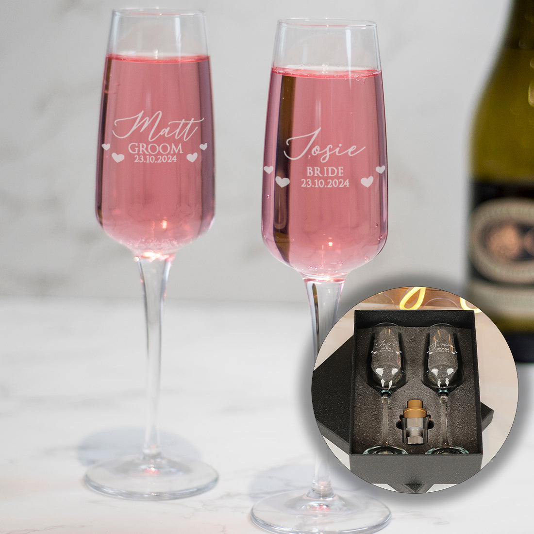 Love Heart Bride & Groom Champagne Flutes Wedding Gift Set-Love Lumi Ltd