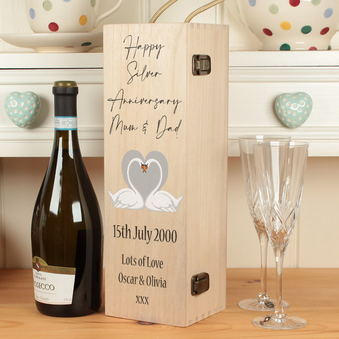 Silver 25th Wedding Anniversary Swans Hinged Wooden Bottle Gift Box