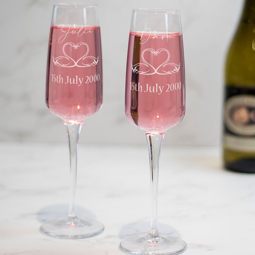 Pair of Swans Wedding Anniversary Champagne Flutes