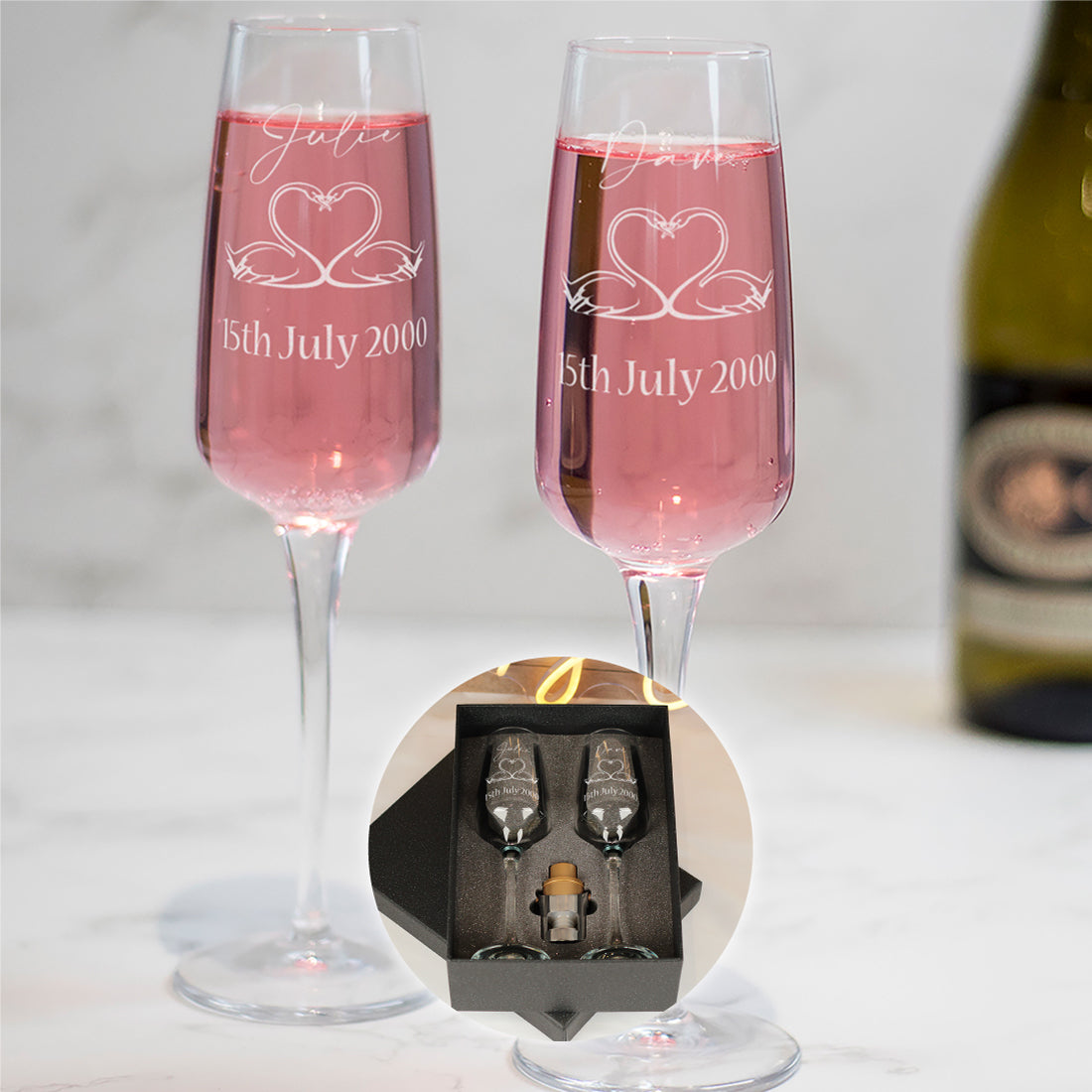 Pair of Swans Wedding Anniversary Champagne Flutes Gift Set
