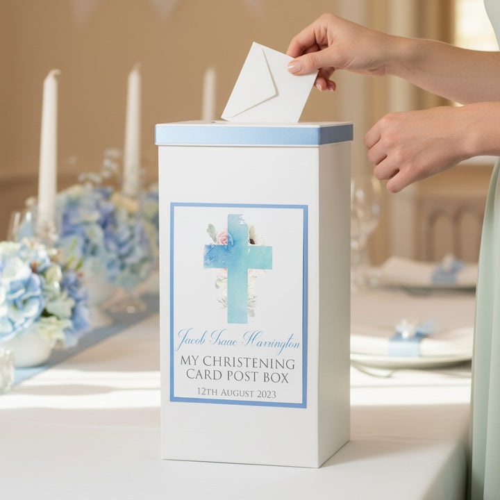 Personalised Watercolour Cross Christening Baptism Card Post Box