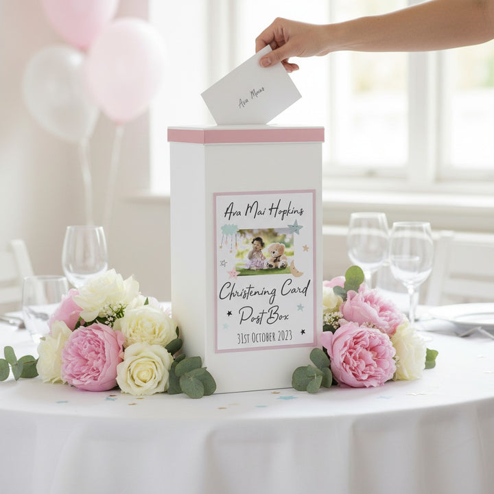 Personalised Moon and Stars Photo Christening Baptism Card Post Box
