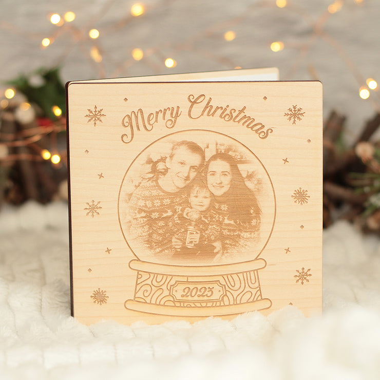 Christmas Photo Snow Globe Engraved Wooden Greetings Card