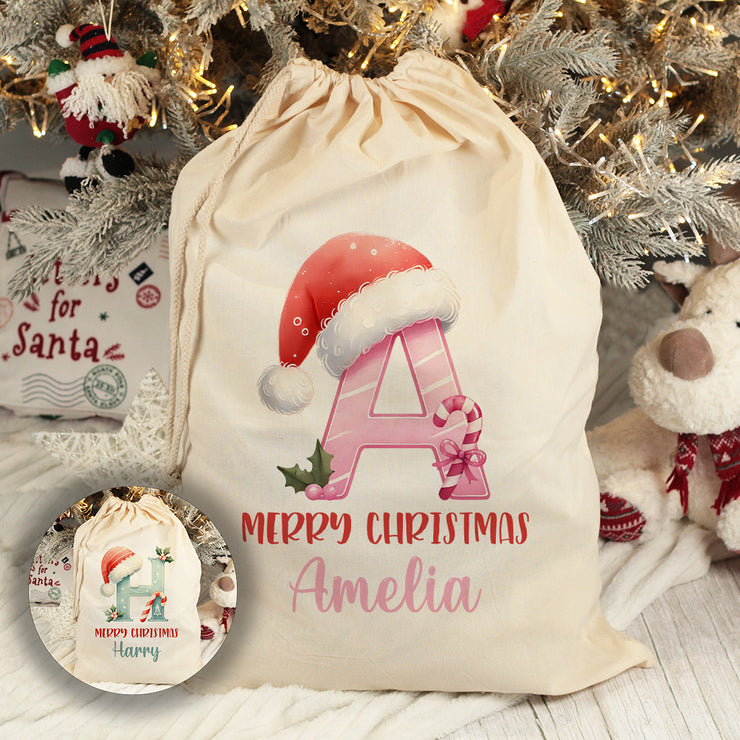 Personalised Large Christmas Alphabet Cotton Santa Gift Sack