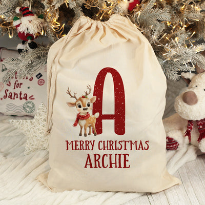 Personalised Large Christmas Reindeer Alphabet Santa Gift Sack