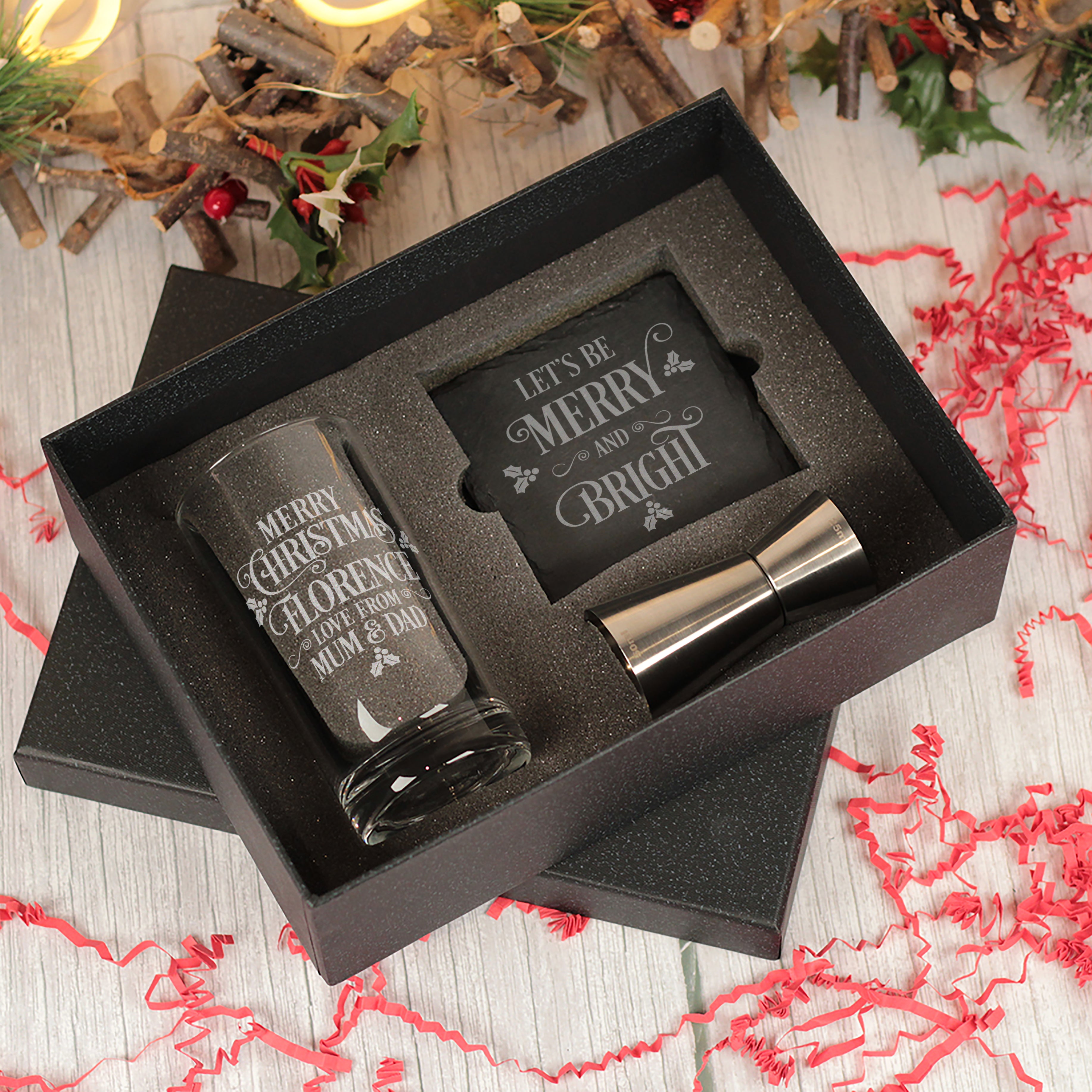 Merry Christmas Message Highball Glass and Coaster Gift Boxed Set