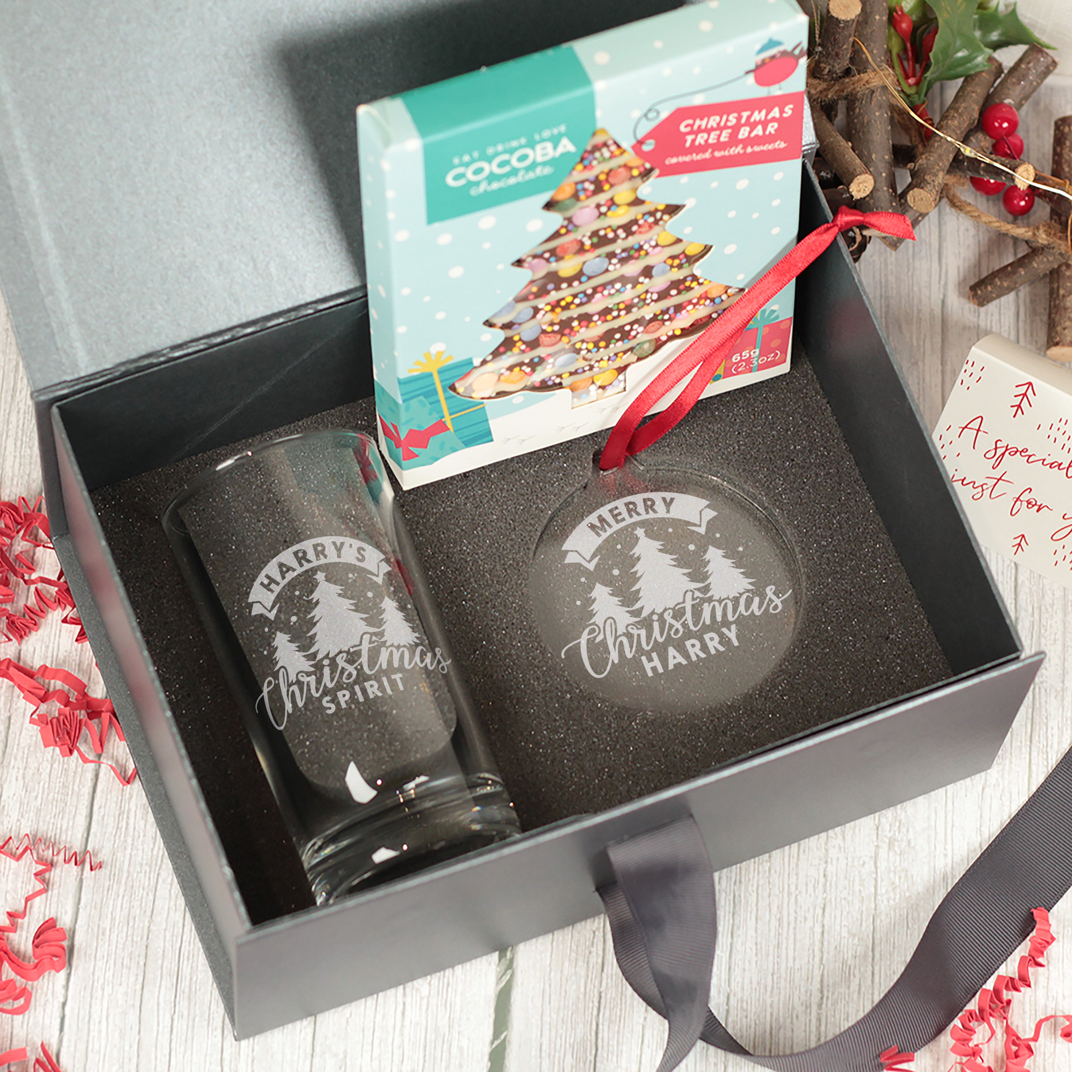 Christmas Spirit Highball Glass and Decoration Gift Boxed Set