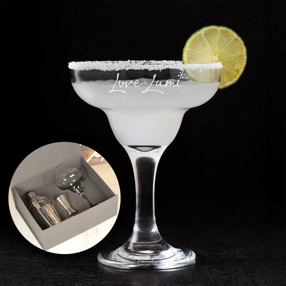 Boxed Cocktail Glass and Shaker Set