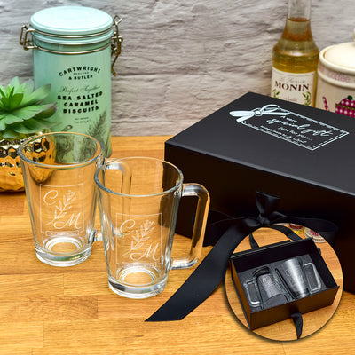 Luxury Gift Boxed Botanical Initials Pair of Glass Coffee Mugs