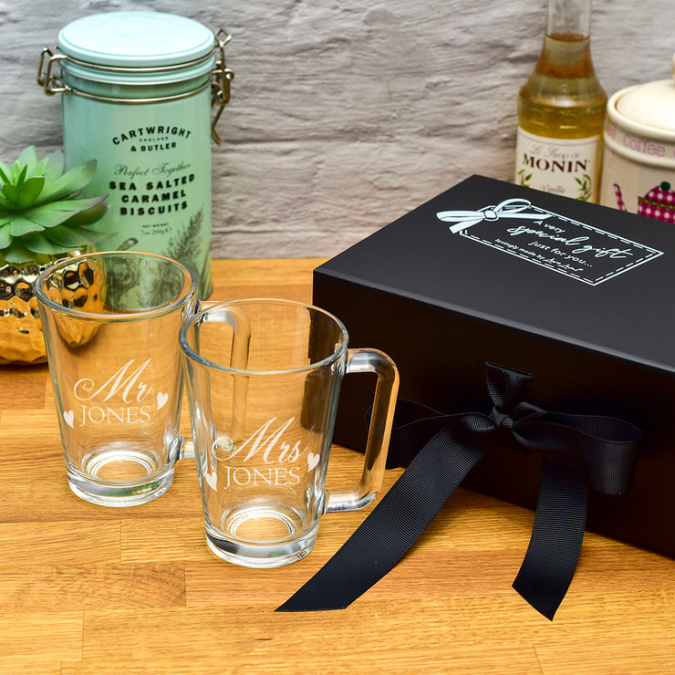 Luxury Gift Boxed Mr & Mrs Love Heart Pair of Glass Coffee Mugs
