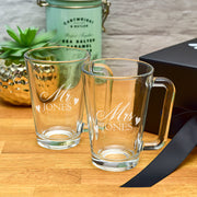 Luxury Gift Boxed Mr & Mrs Love Heart Pair of Glass Coffee Mugs