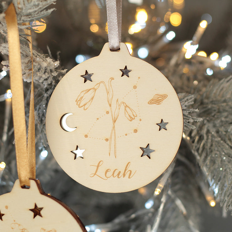 Zodiac Birth Flower 3D Wood and Mirror Christmas Tree Decoration Bauble