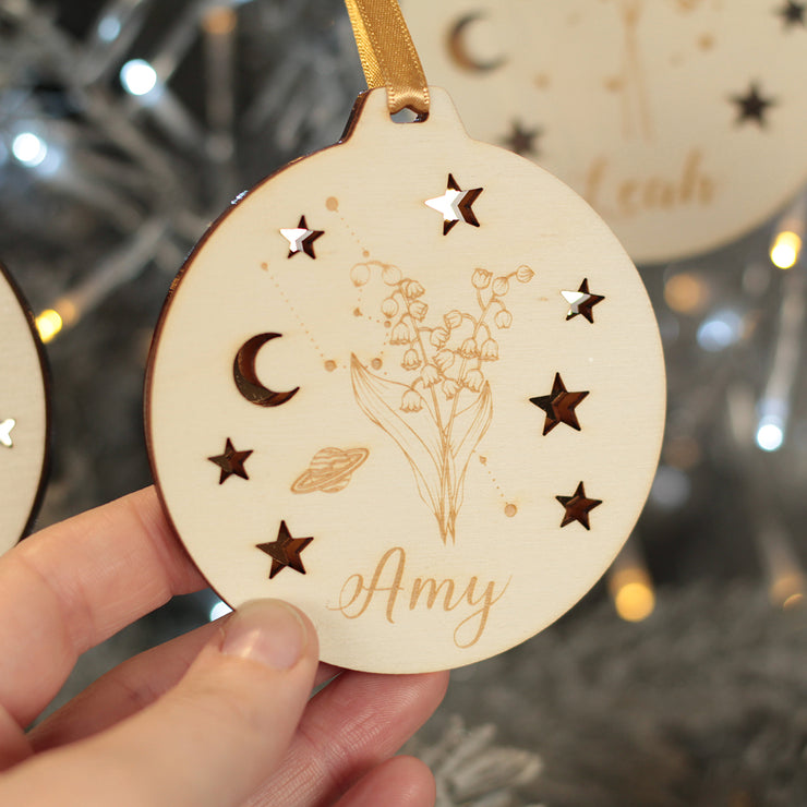 Zodiac Birth Flower 3D Wood and Mirror Christmas Tree Decoration Bauble