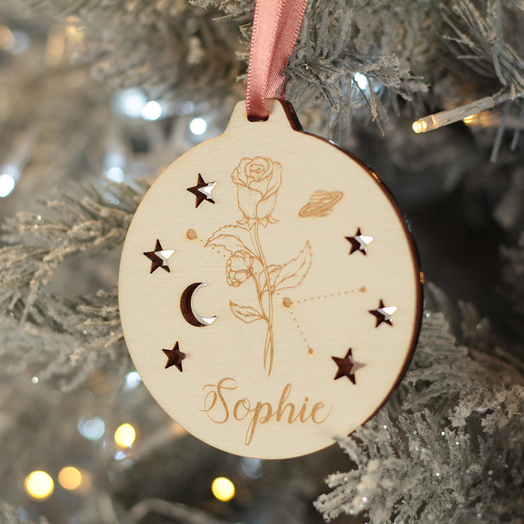 Zodiac Birth Flower 3D Wood and Mirror Christmas Tree Decoration Bauble-Love Lumi Ltd