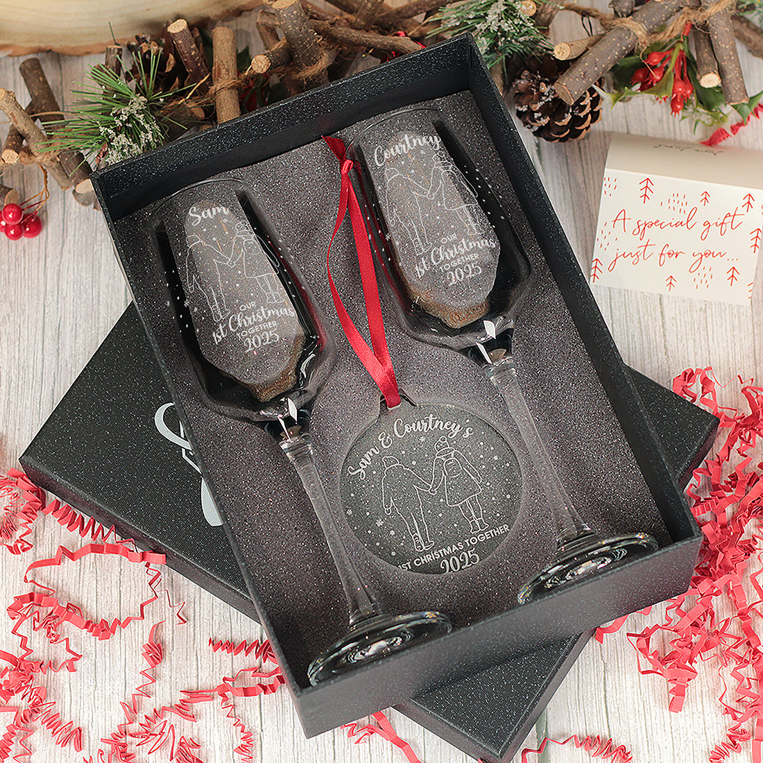 Our 1st Christmas as a Couple Pair of Champagne Flutes and Keepsake Bauble