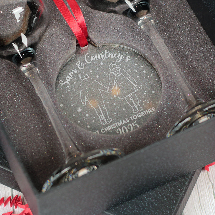 Our 1st Christmas as a Couple Pair of Champagne Flutes and Keepsake Bauble