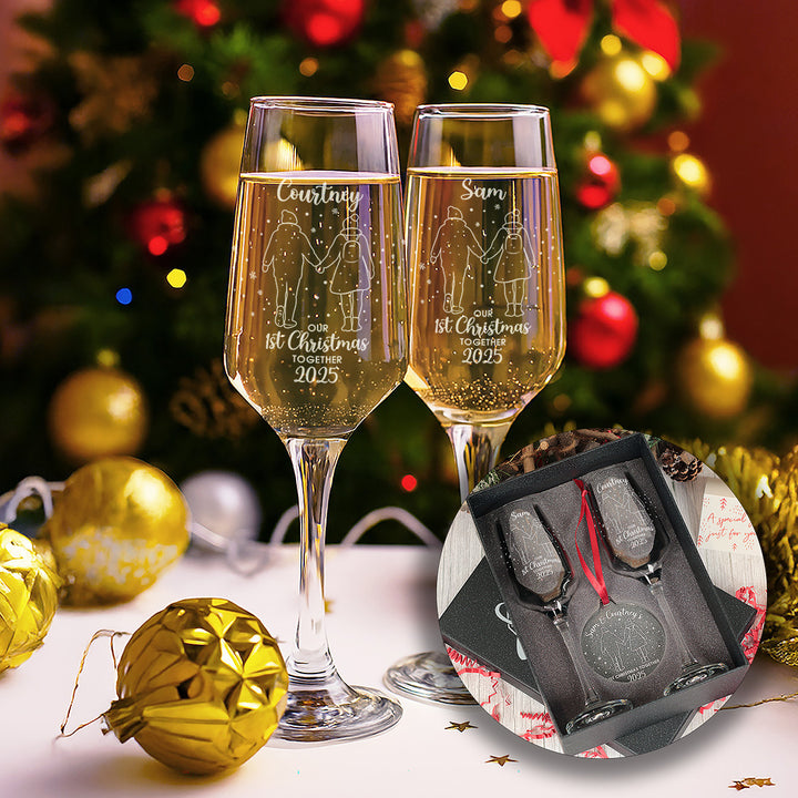 Our 1st Christmas as a Couple Pair of Champagne Flutes and Keepsake Bauble