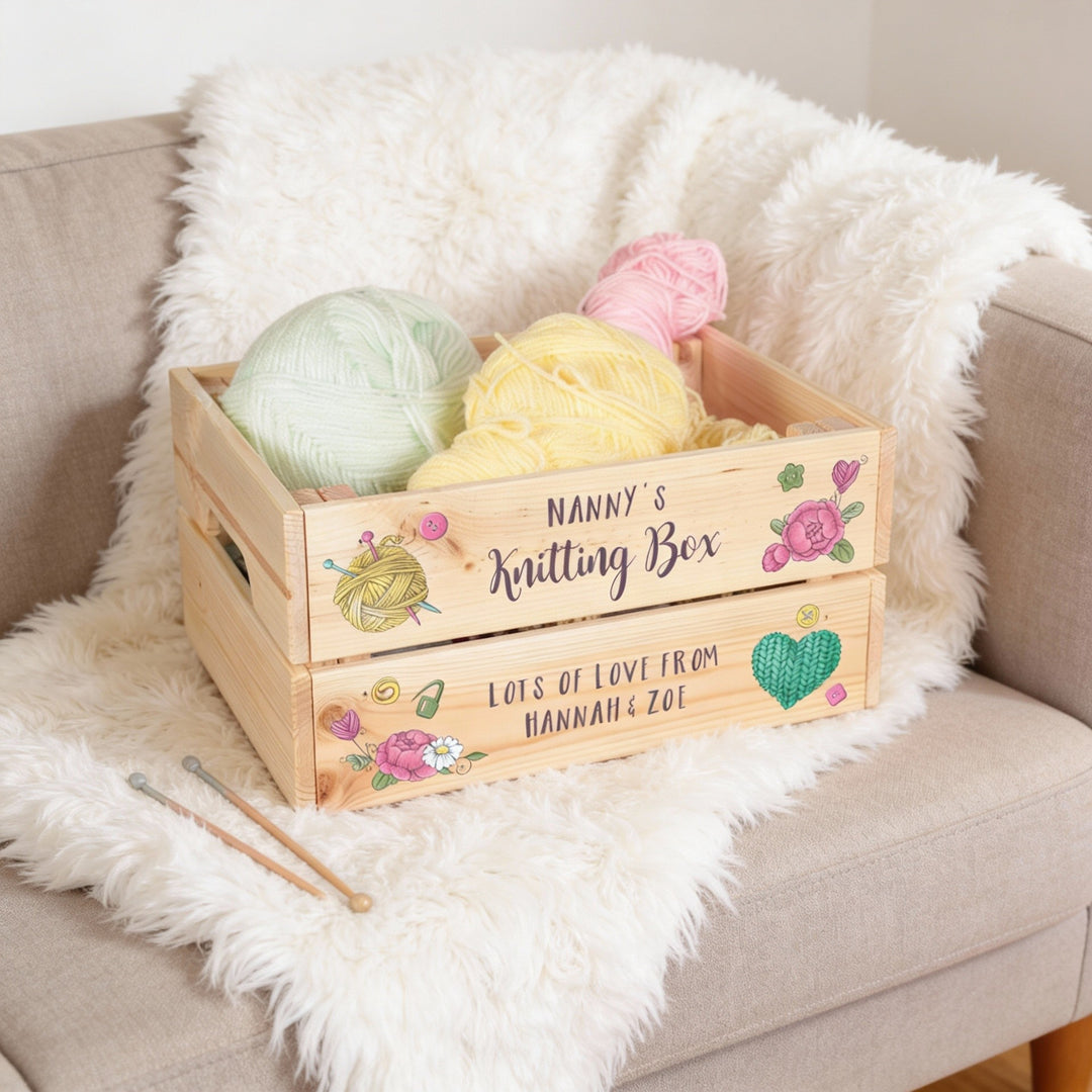 Personalised Knitting Wooden Gift Box Crate