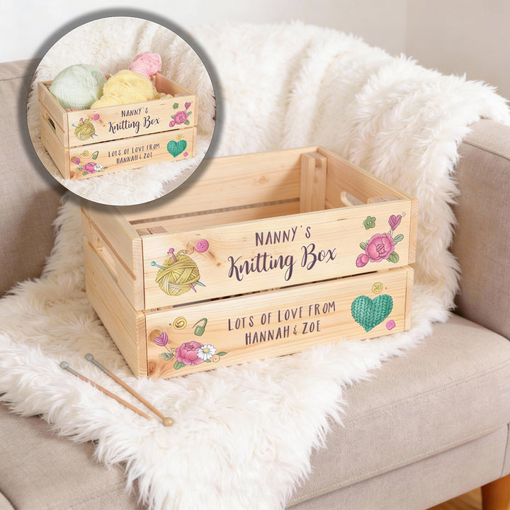 Personalised Knitting Wooden Gift Box Crate