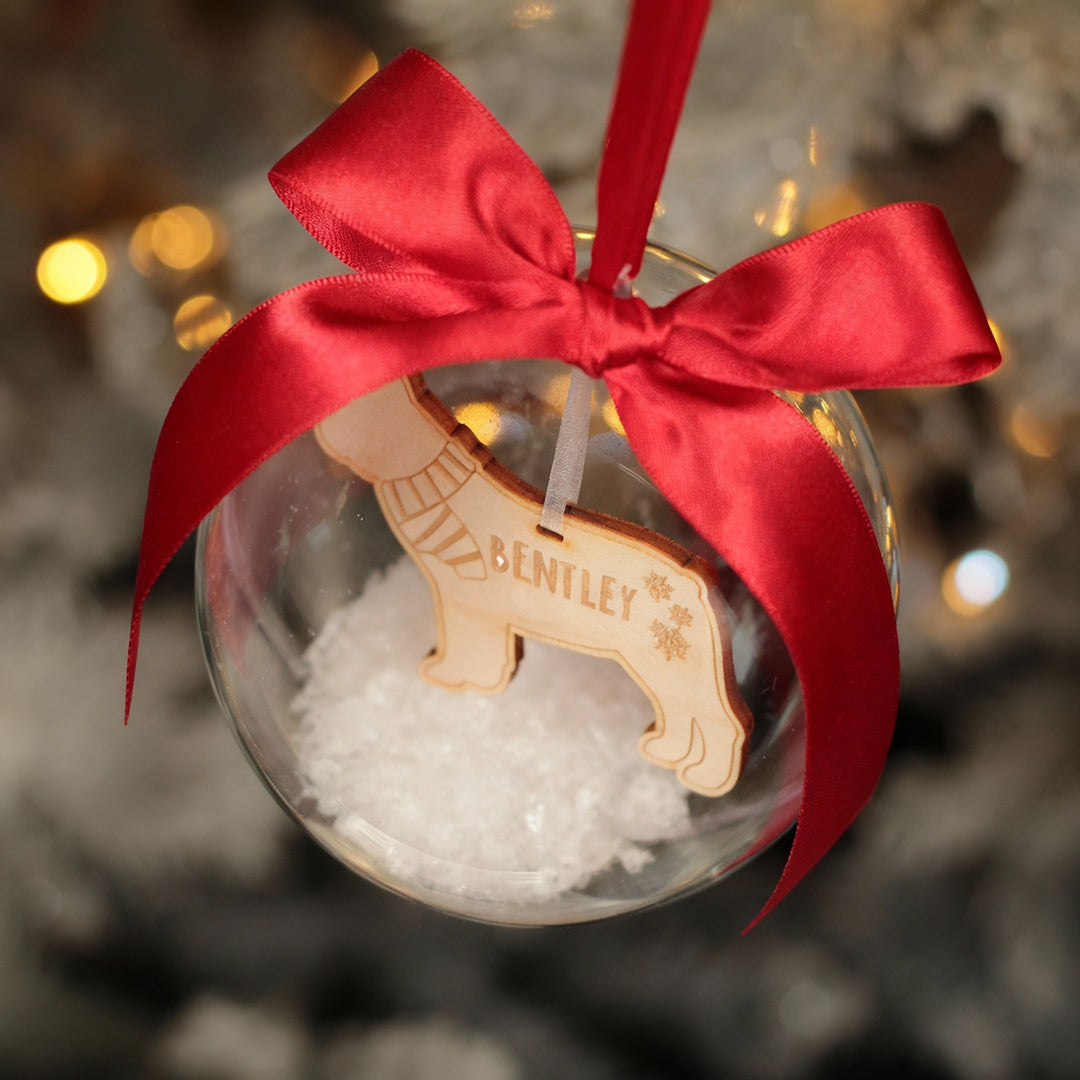 Pet Dog Breed in Scarf Snow Filled Christmas Tree Bauble