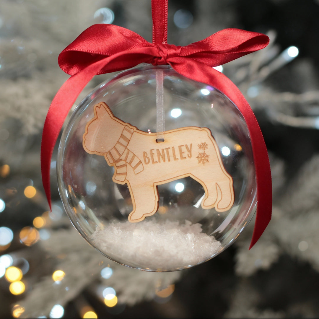 Pet Dog Breed in Scarf Snow Filled Christmas Tree Bauble