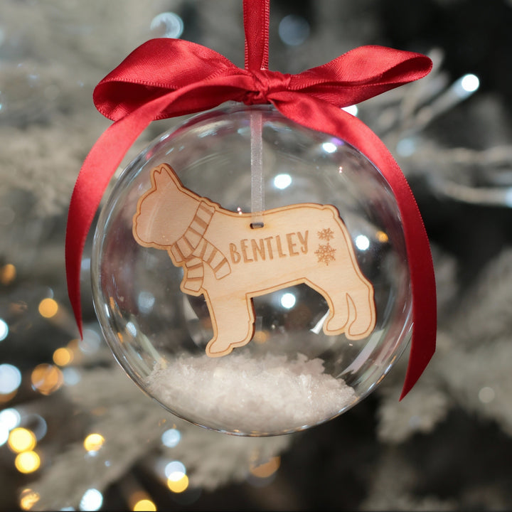 Pet Dog Breed in Scarf Snow Filled Christmas Tree Bauble