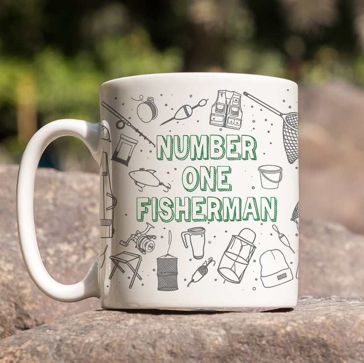 Personalised Number One Fisherman Fishing Doodles Ceramic Mug