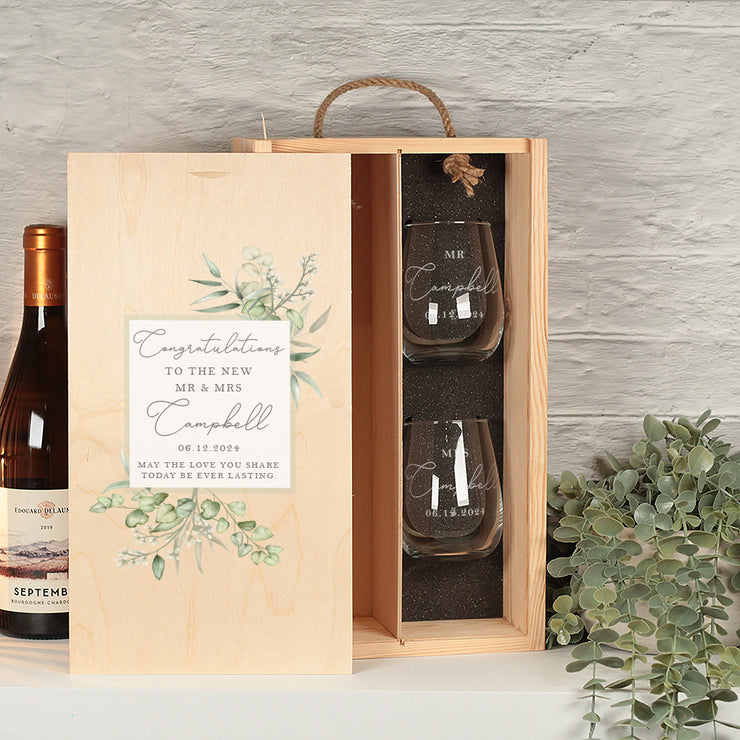 Personalised Eucalyptus Wedding Gift Set Bottle Box with two Glasses