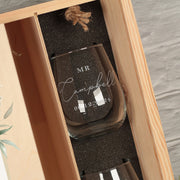 Eucalyptus Wedding Gift Set Wooden Bottle Box with two Glasses-Love Lumi Ltd