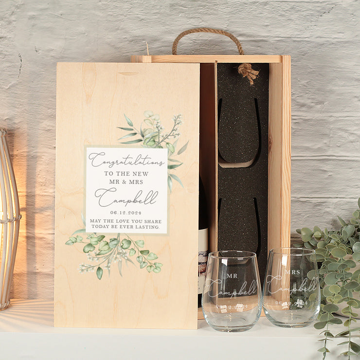 Personalised Eucalyptus Wedding Gift Set Bottle Box with two Glasses