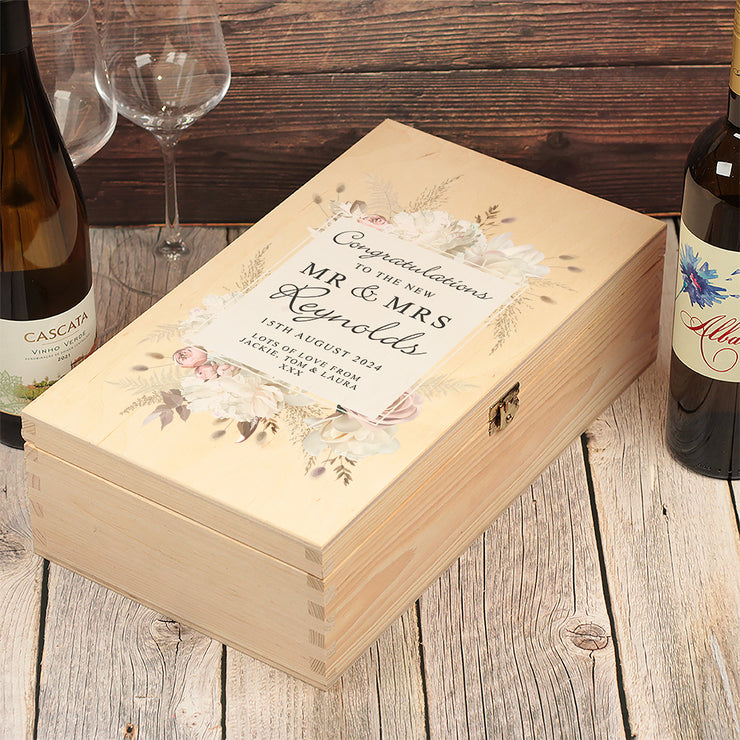 Personalised Blush Flowers Wedding Gift Double Wooden Wine Bottle Box