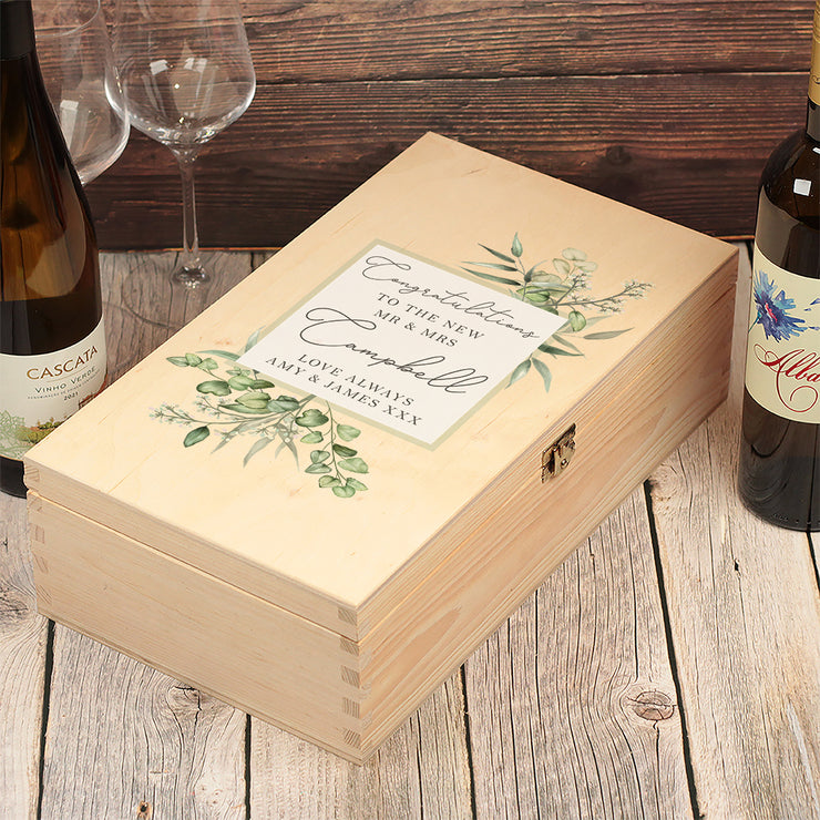Personalised Eucalyptus Wedding Gift Double Wooden Wine Bottle Box