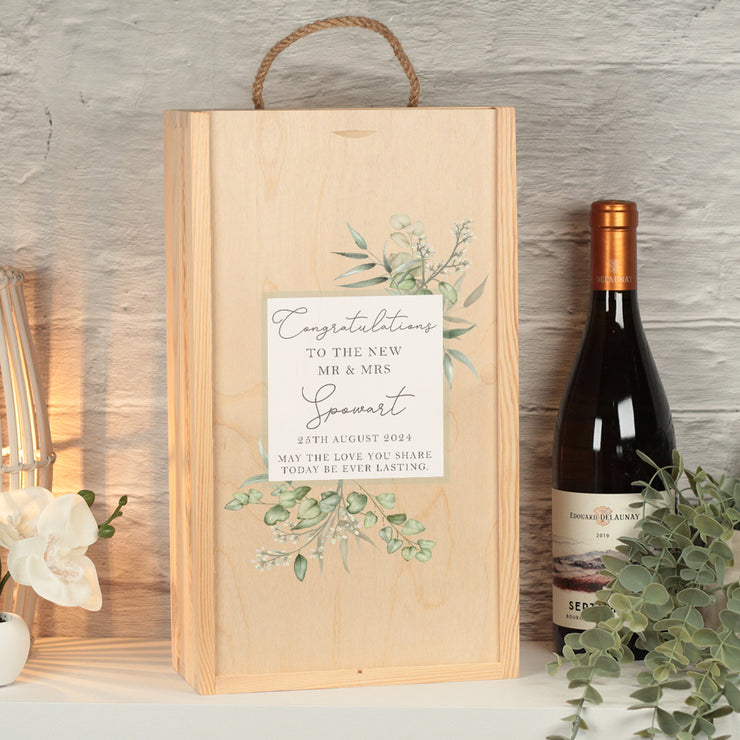 Personalised Eucalyptus Wedding Gift Double Wooden Wine Bottle Box