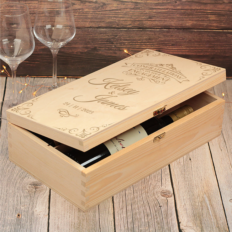 Engagement Engraved Vintage Design Double Wine Bottle Gift Box