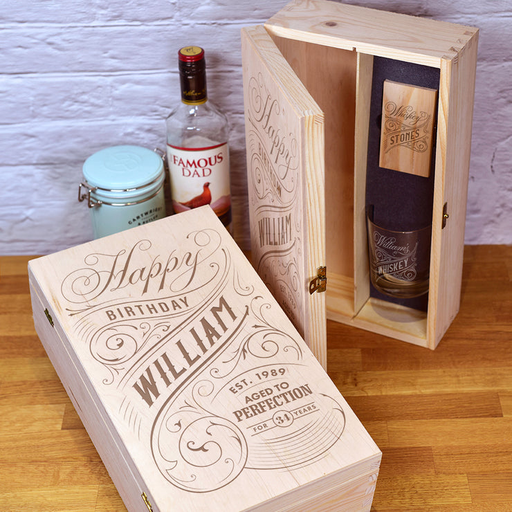 Whiskey Whisky Label Birthday Gift Set Bottle Box with Glass and Stones