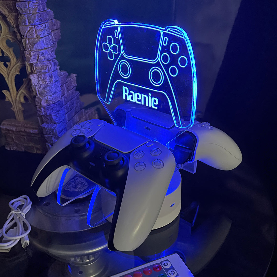 Neon Blue Dual Controller Stand Gaming Station with Colour Changing light base-Love Lumi Ltd
