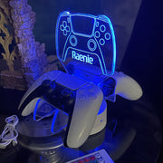 Neon Blue Dual Controller Stand Gaming Station with Colour Changing light base