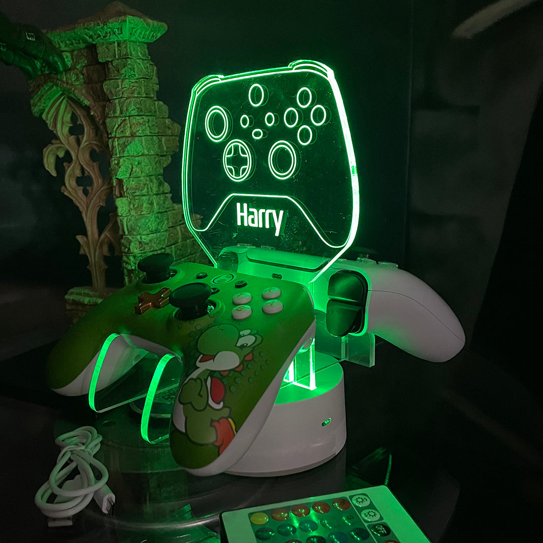 Neon Green Dual Controller Stand Gaming Station with Colour Changing light base-Love Lumi Ltd