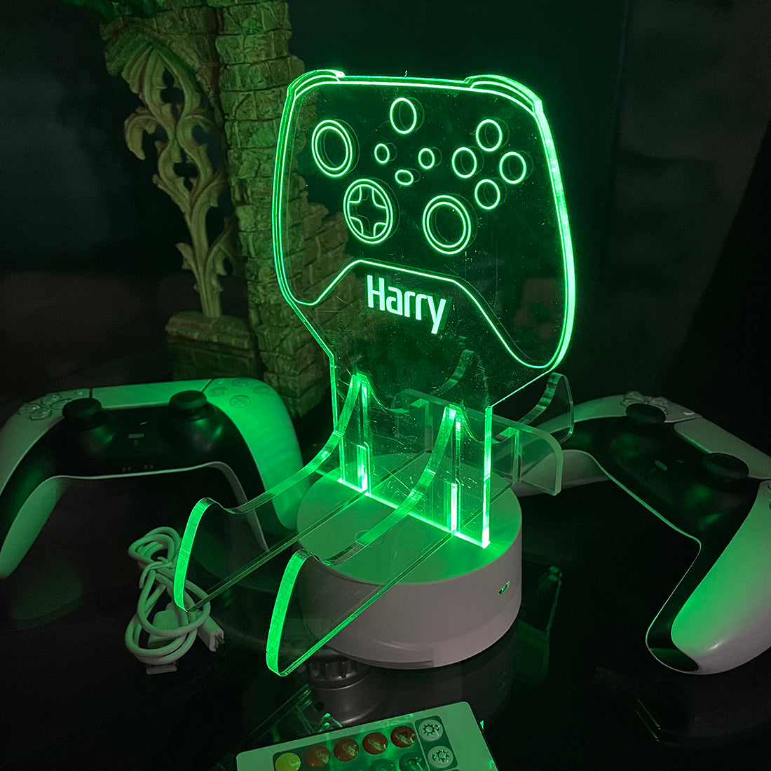 Neon Green Dual Controller Stand Gaming Station with Colour Changing light base-Love Lumi Ltd