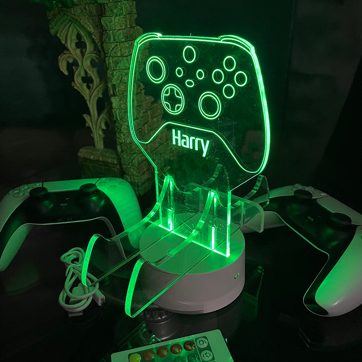 Neon Green Dual Controller Stand Gaming Station with Colour Changing light base