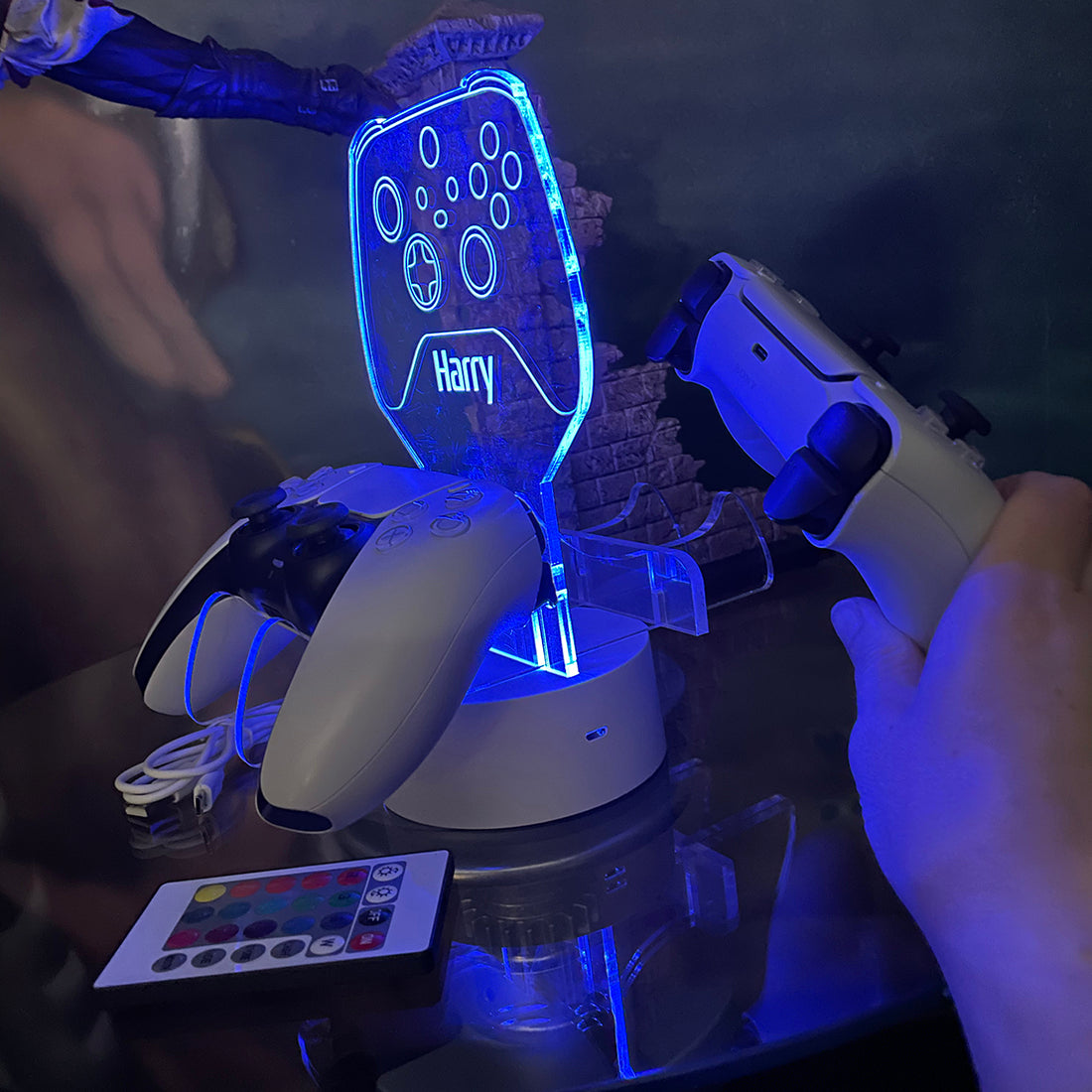 Neon Green Dual Controller Stand Gaming Station with Colour Changing light base-Love Lumi Ltd