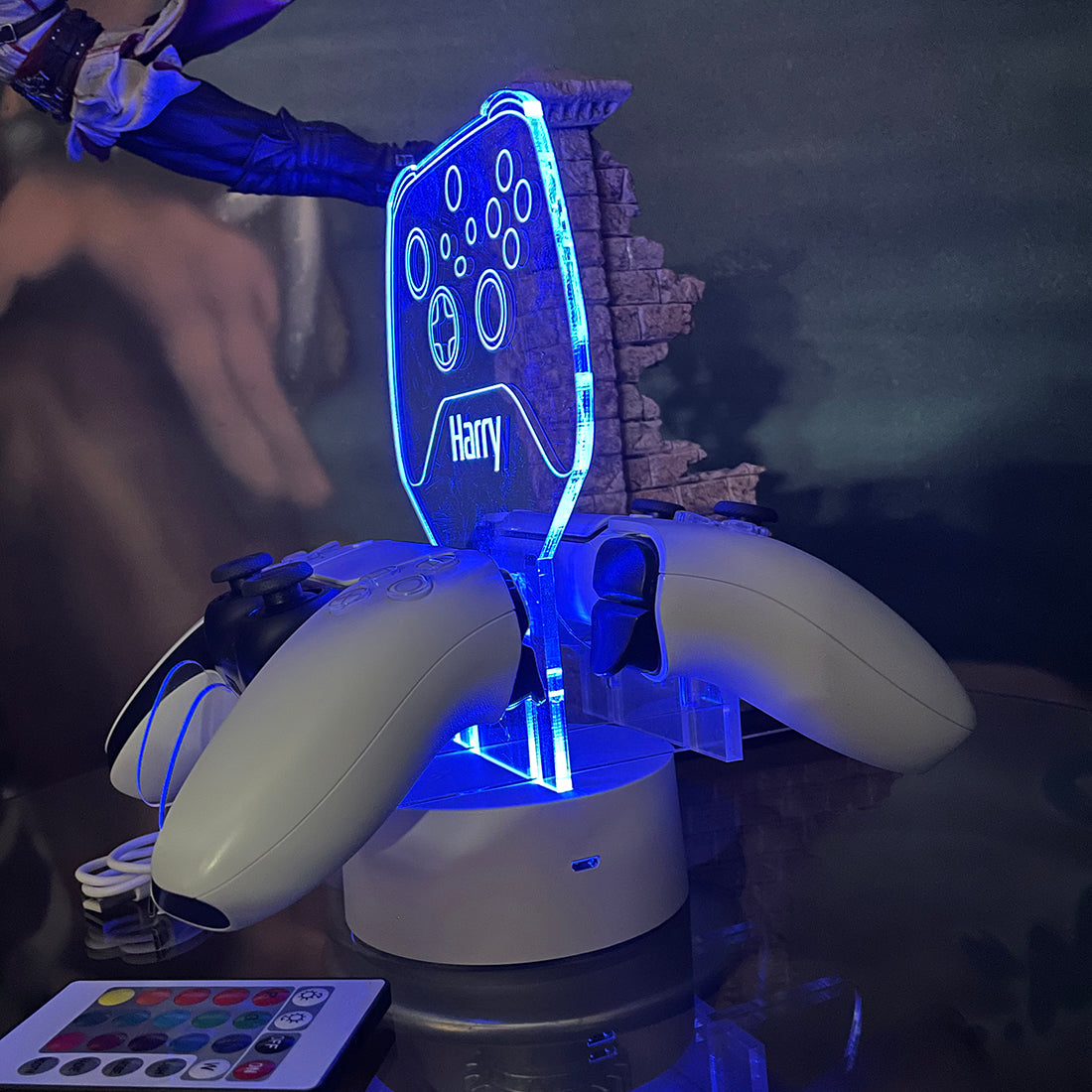 Neon Green Dual Controller Stand Gaming Station with Colour Changing light base-Love Lumi Ltd