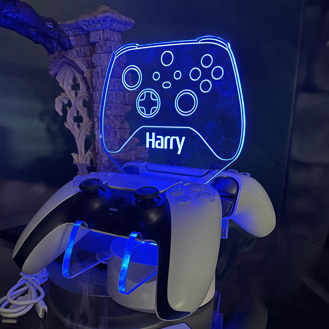 Neon Green Dual Controller Stand Gaming Station with Colour Changing light base-Love Lumi Ltd